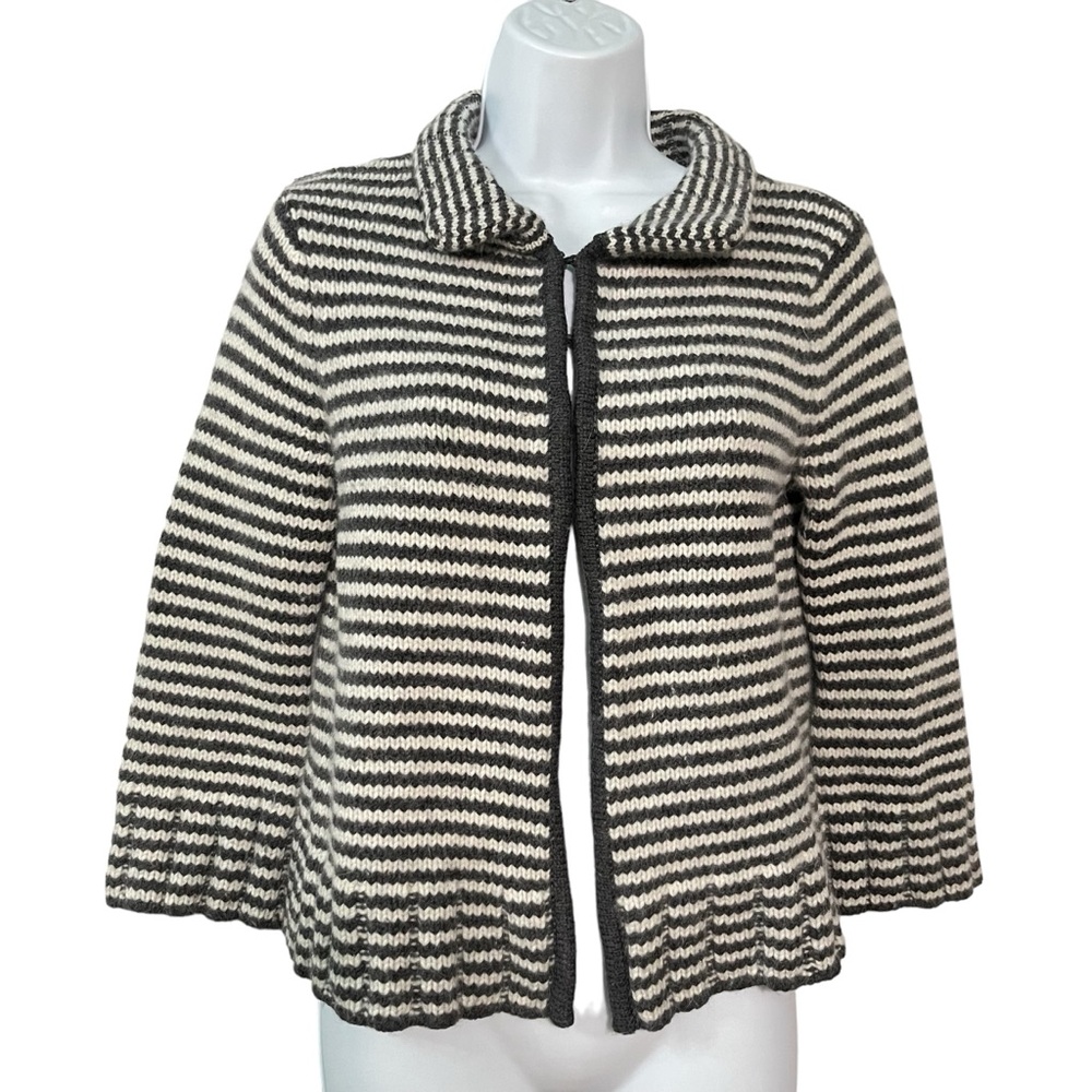 Talbots cardigan sweater M medium Gray white striped Wool Angora blend Womens